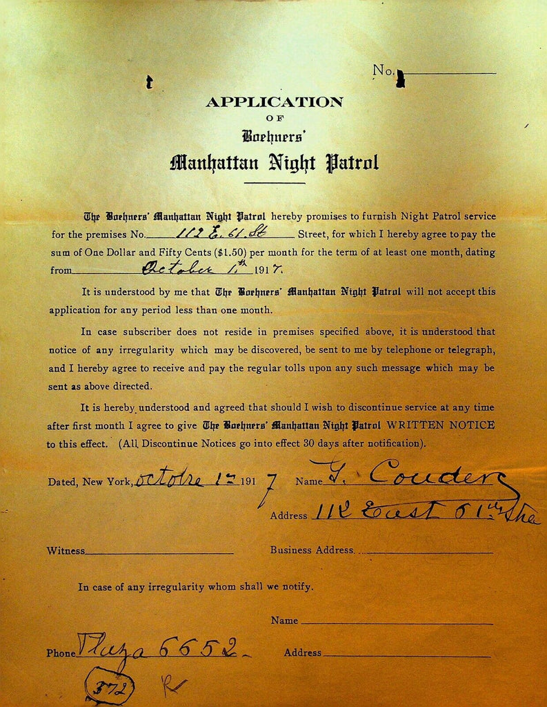 Boehners Manhattan Night Patrol Signed Contract 1917 L Couden 112 E 61st St