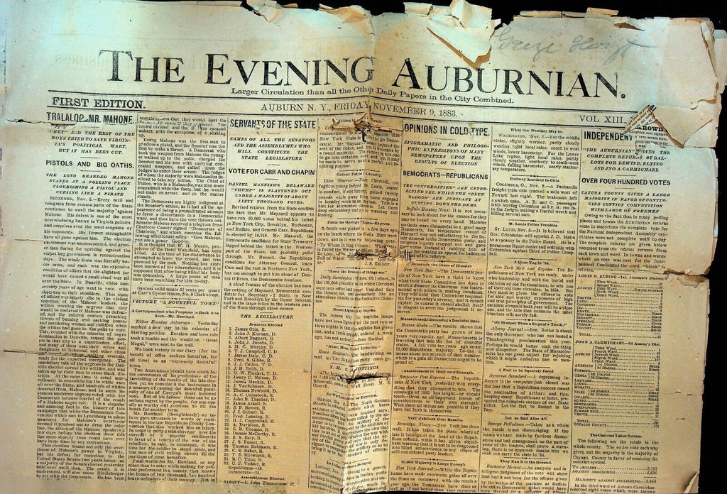 Evening Auburnian November 9 1883 Auburn NY AA Brush Sing Sing Warden Bribery