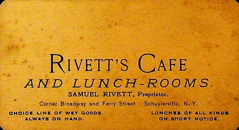 Rivett's Cafe & Lunch Rooms Business Card Schuylerville NY Samuel Rivett ca 19100