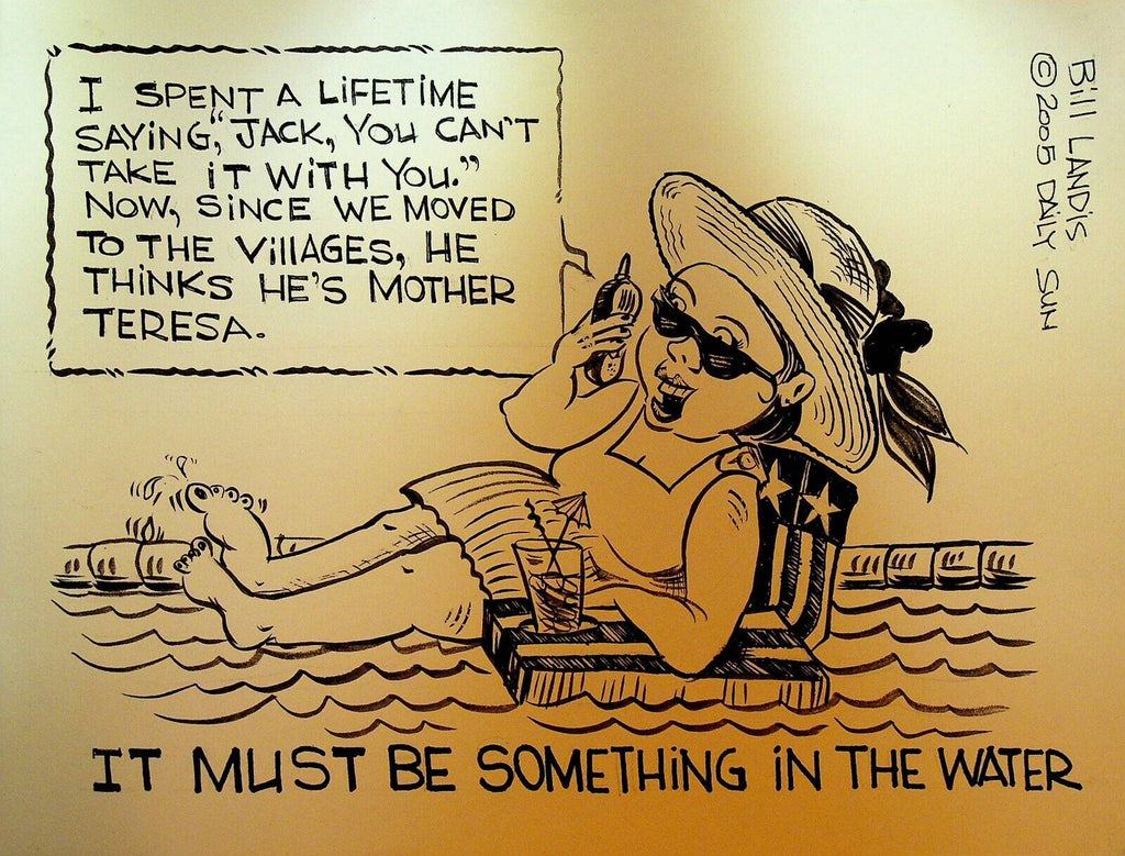 Bill Landis Original Cartoon Art The Villages Daily Sun 2005 Swimming Pool