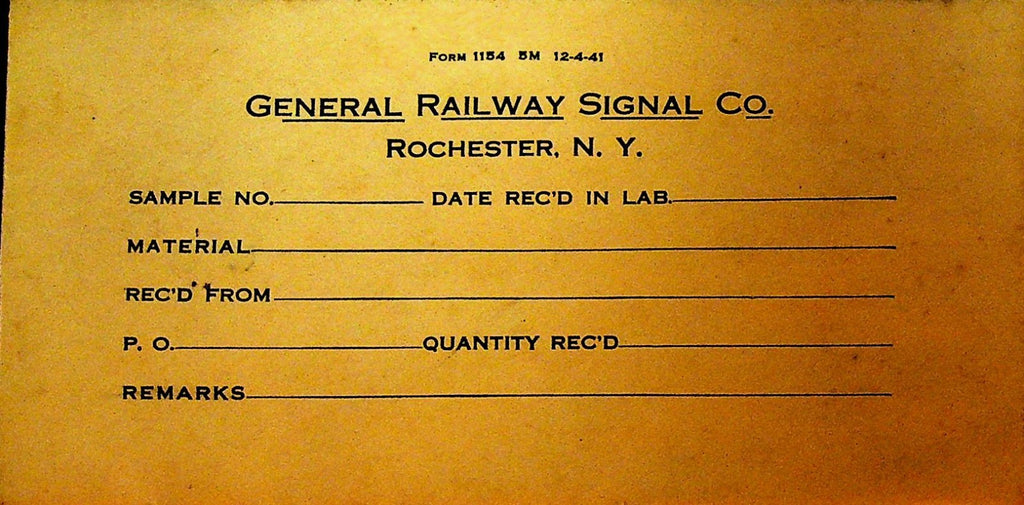 General Railway Sign Co Rochester NY 1941 Lab Sample Envelope0