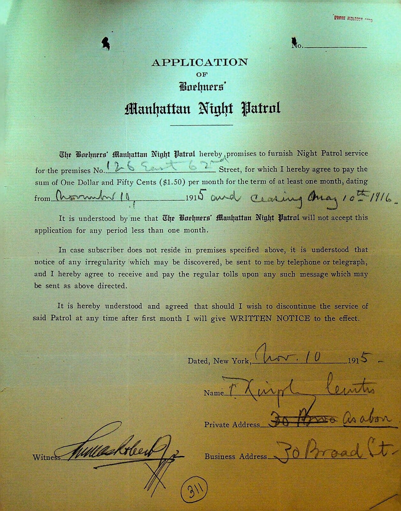 Boehners Manhattan Night Patrol Signed Contract 1915 Curtis 126 E 62nd St