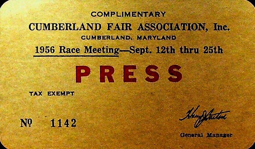 Cumberland Fair Association 1956 Race Meeting Press Pass Maryland