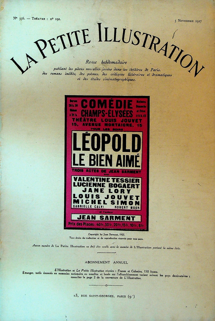 La Petite Illustration November 5 1927 Leopold Le Bien Aime Valentine Tessier0