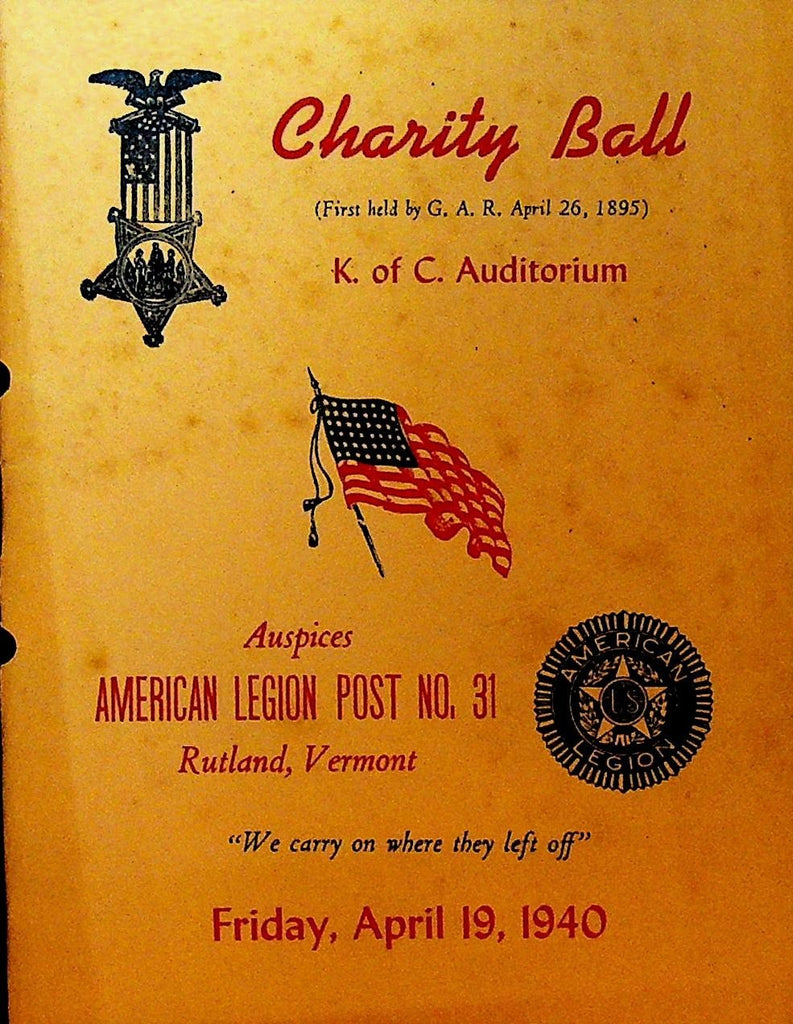 Charity Ball Program American Legion Post 31 Rutland Vermont April 19400