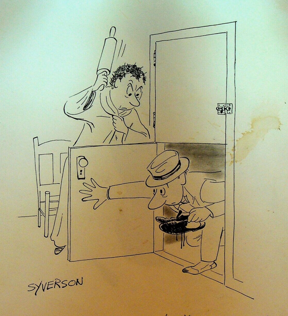Henry S Syverson Original Art Husband Sneaking Home Wife Rolling Pin Dutch Doors