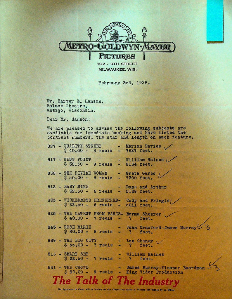 Metro Goldwyn Mayer Letterhead February 3 1928 Greta Garbo Lon Chaney0
