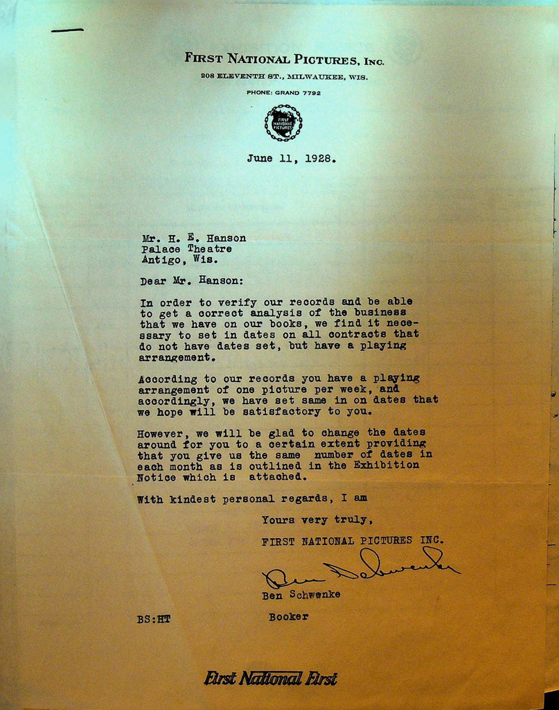 First National Pictures Letterhead June 11 1928 The Wright Idea The Barker0