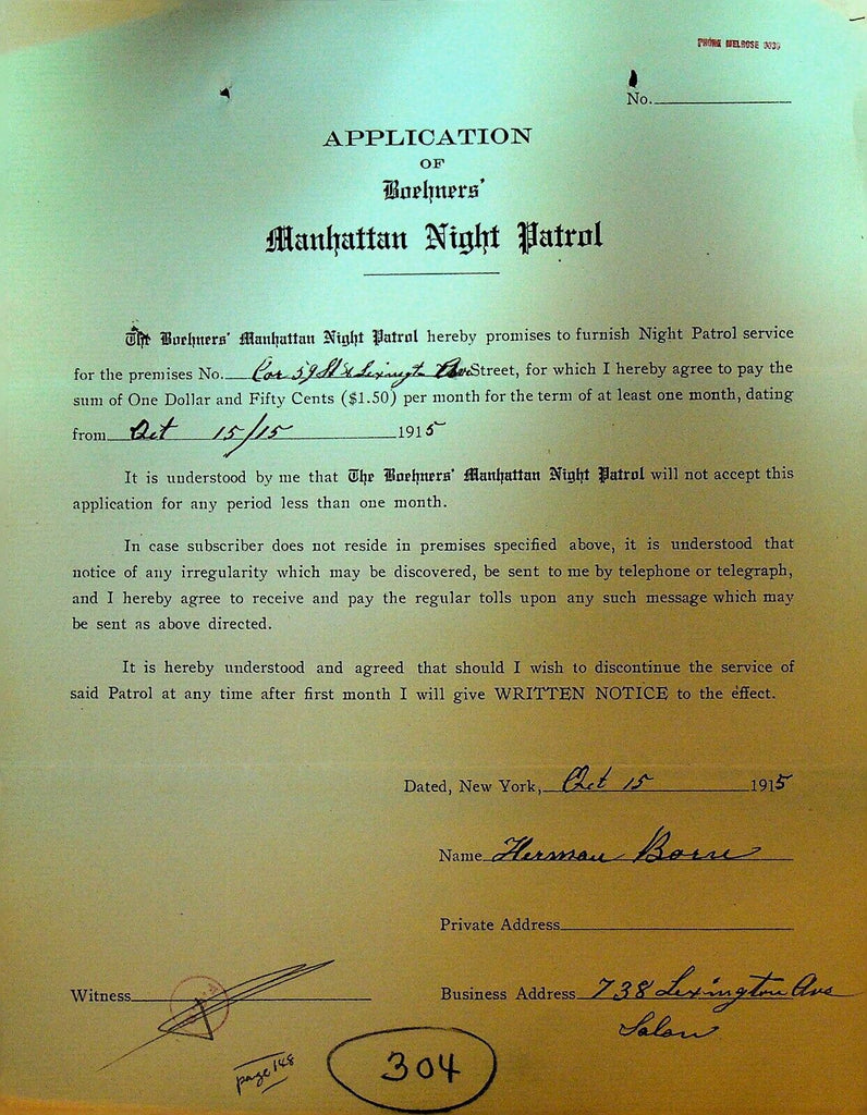 Boehners Manhattan Night Patrol Signed Contract 1915 Herman Barre 59th Lexington