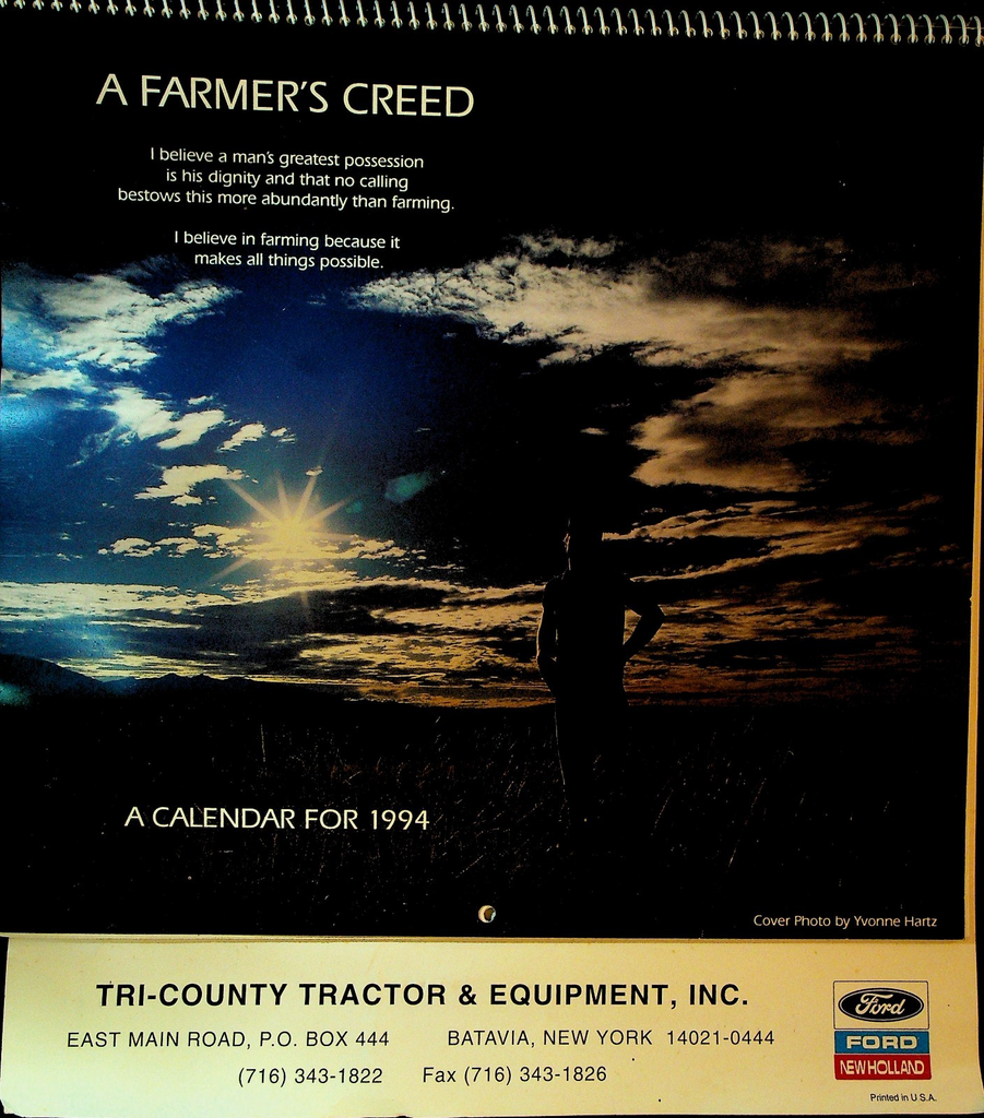 A Farmer's Creed 1994 Calendar Ford New Holland Tri-County Tractor Batavia NY0