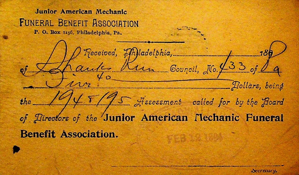 Junior American Mechanic Funeral Benefit Association 1890 Postal Card Pa0