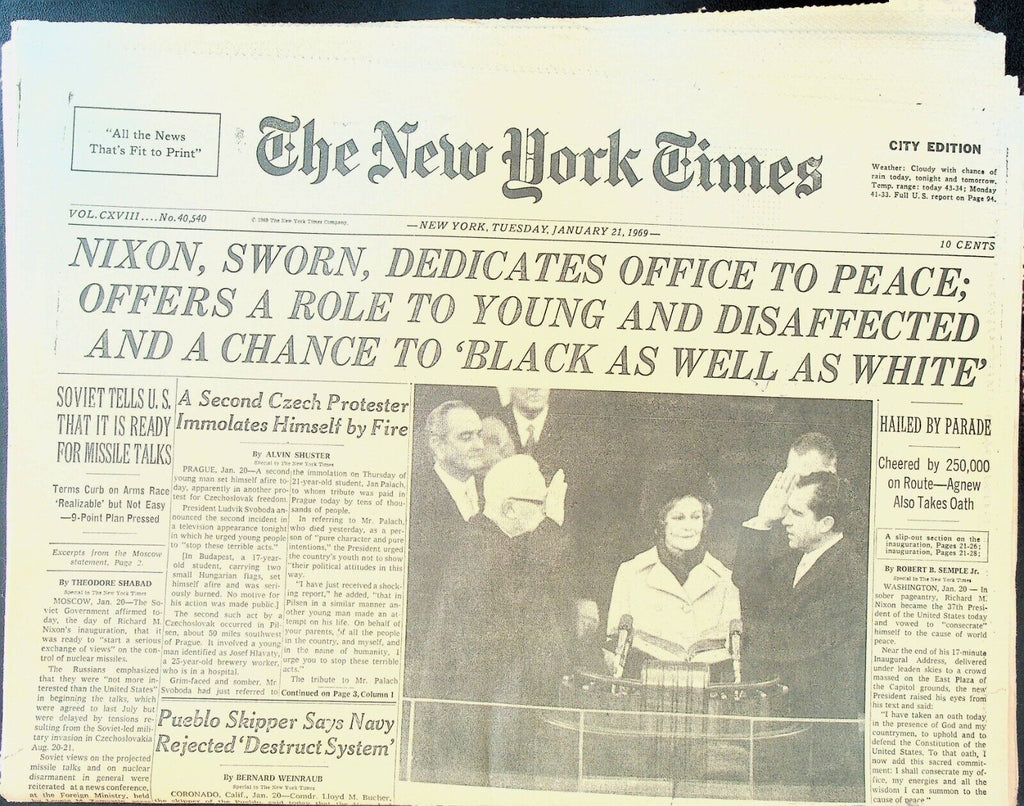 New York Times January 21 1969 Richard Nixon Inauguration President