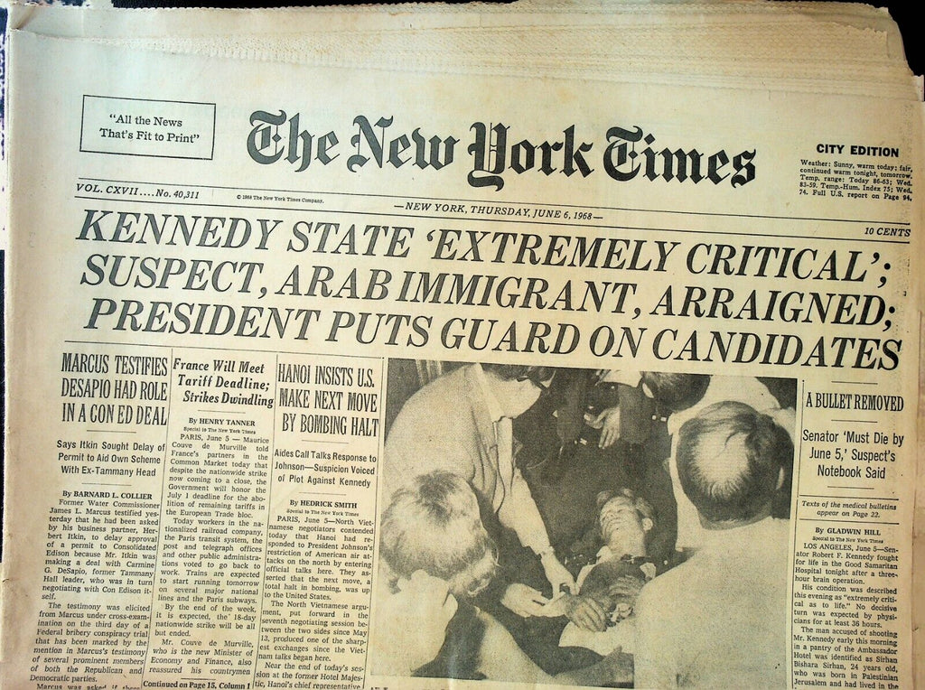 New York Times June 7 1968 Robert Kennedy Assassination Vietnam War