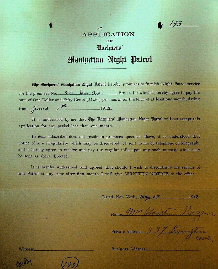 Boehners Manhattan Night Patrol Signed Contract 1910 Mrs C Razen 537 Lexington