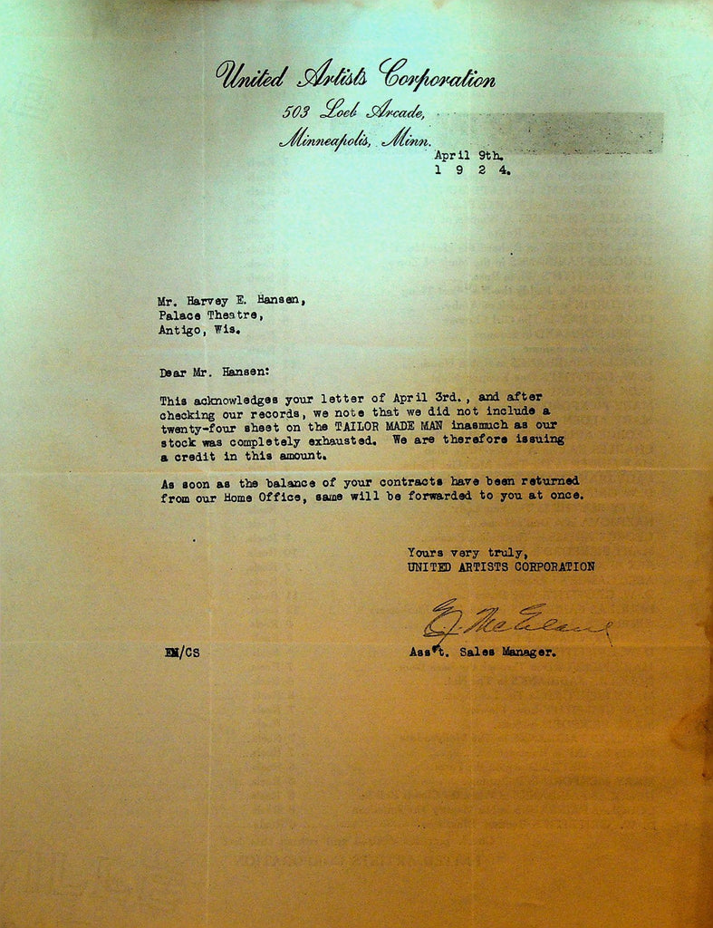United Artists Letterhead April 9 1924 Tailor Made Man Silent Film0