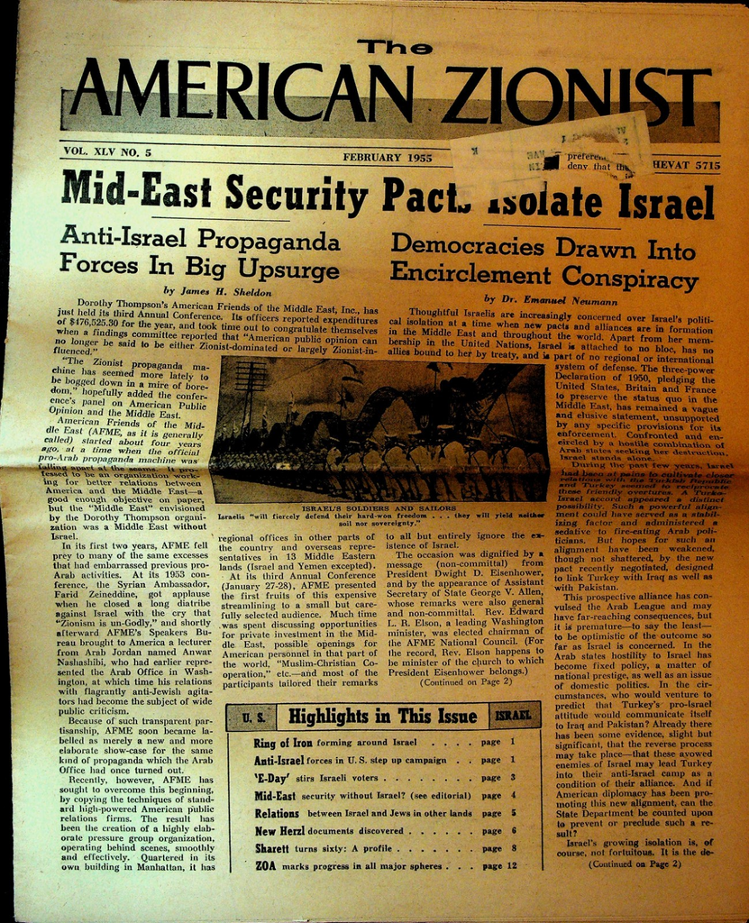 The American Zionist February 1955 Middle East Security Pact Herzl Documents0