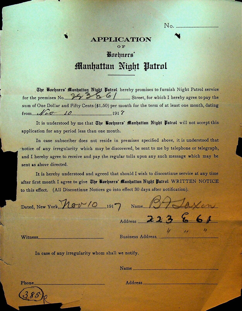 Boehners Manhattan Night Patrol Signed Contract 1917 BA Saxon 223 E 61st St