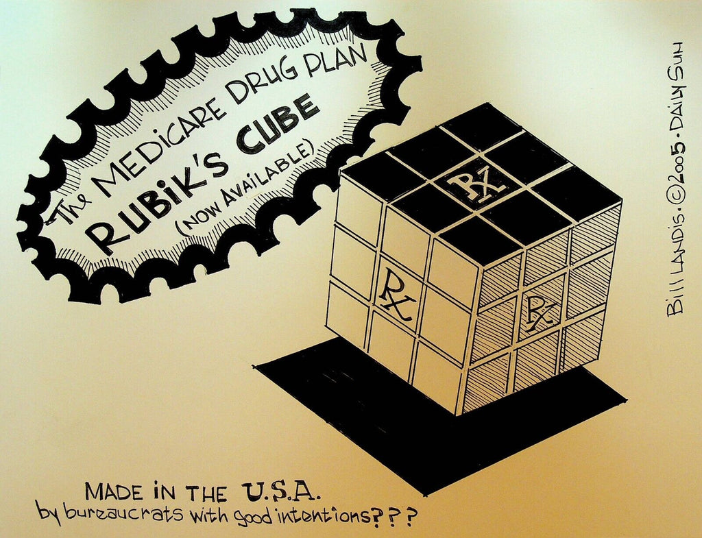 Bill Landis Original Cartoon Art The Villages Daily Sun 2005 Rubik's Cube