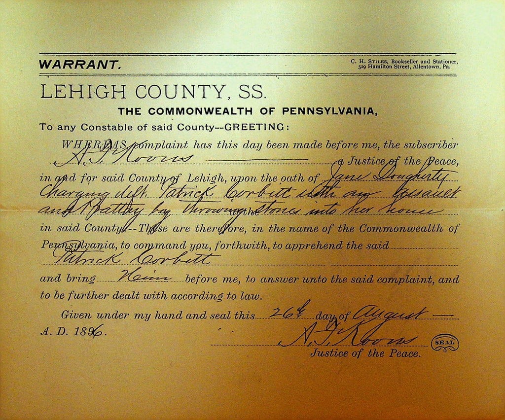 Lehigh County Pa Warrant 1896 Patrick Corbett Jane Dougherty AJ Roosa JOP0
