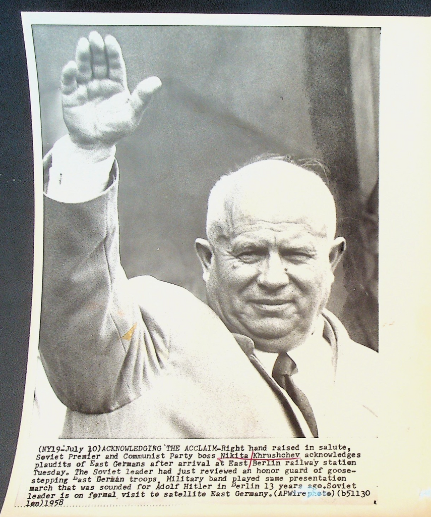 Nikita Khrushchev Wire Photo 1958 Waving to East German Crowds0