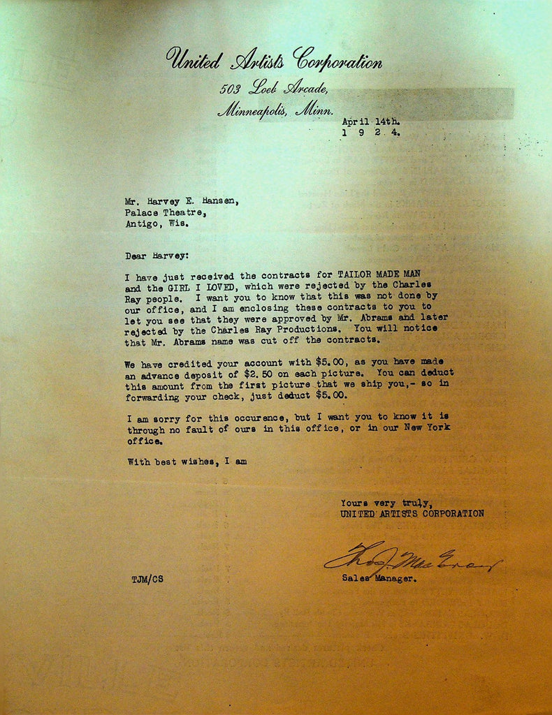 United Artists Letterhead April 14 1924 Girl I Love Tailor Made Man0
