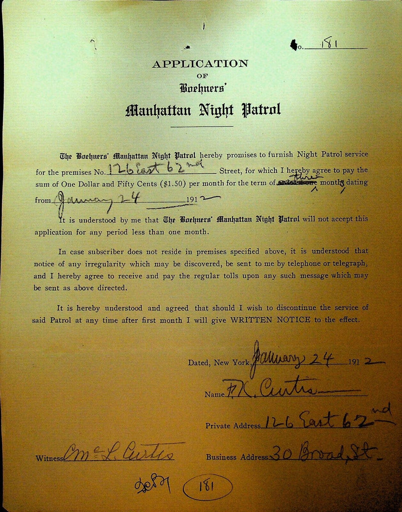 Boehners Manhattan Night Patrol Signed Contract 1910 FH Curtis 126 E 62nd St