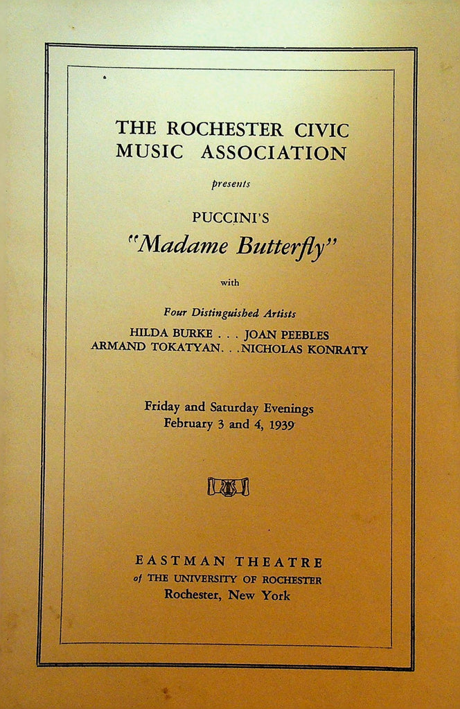 Madame Butterfly Program Rochester NY Civil Music Association February 3 19390