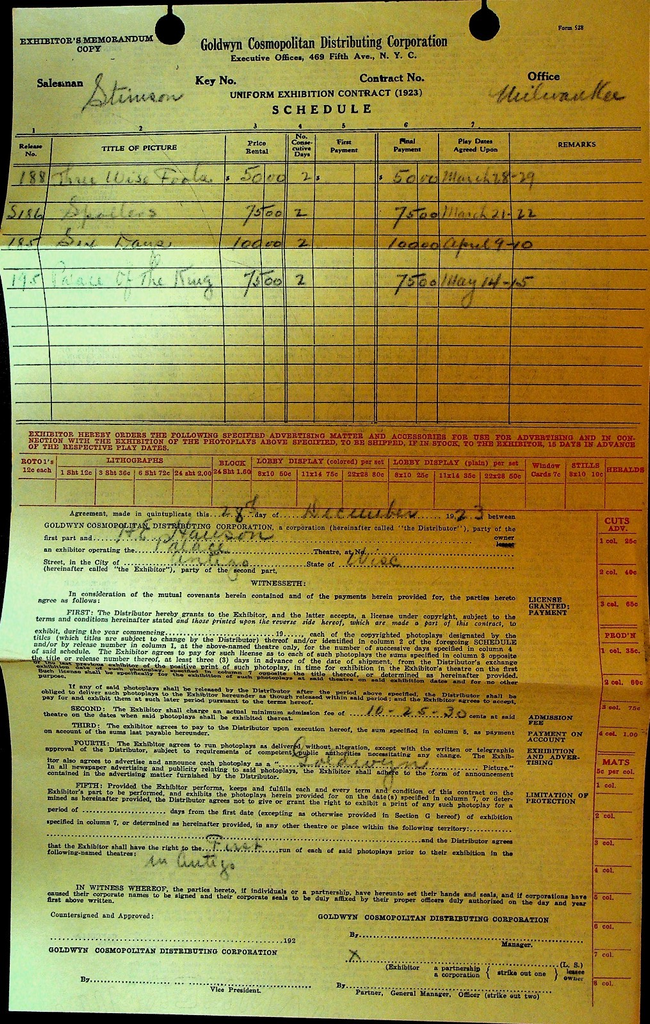 Goldwyn Corporation Contract December 28 1923 Three Wise Fools Palace of King0