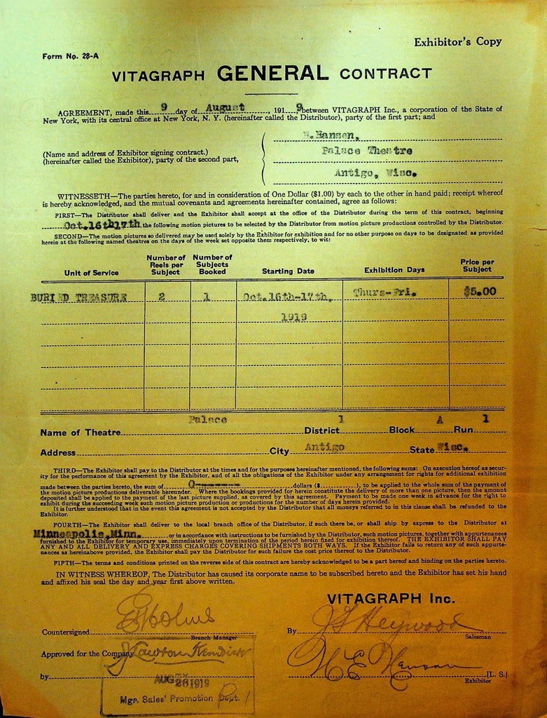 Vitagraph General Contract August 26 1919 Buried Treasure Silent Film0