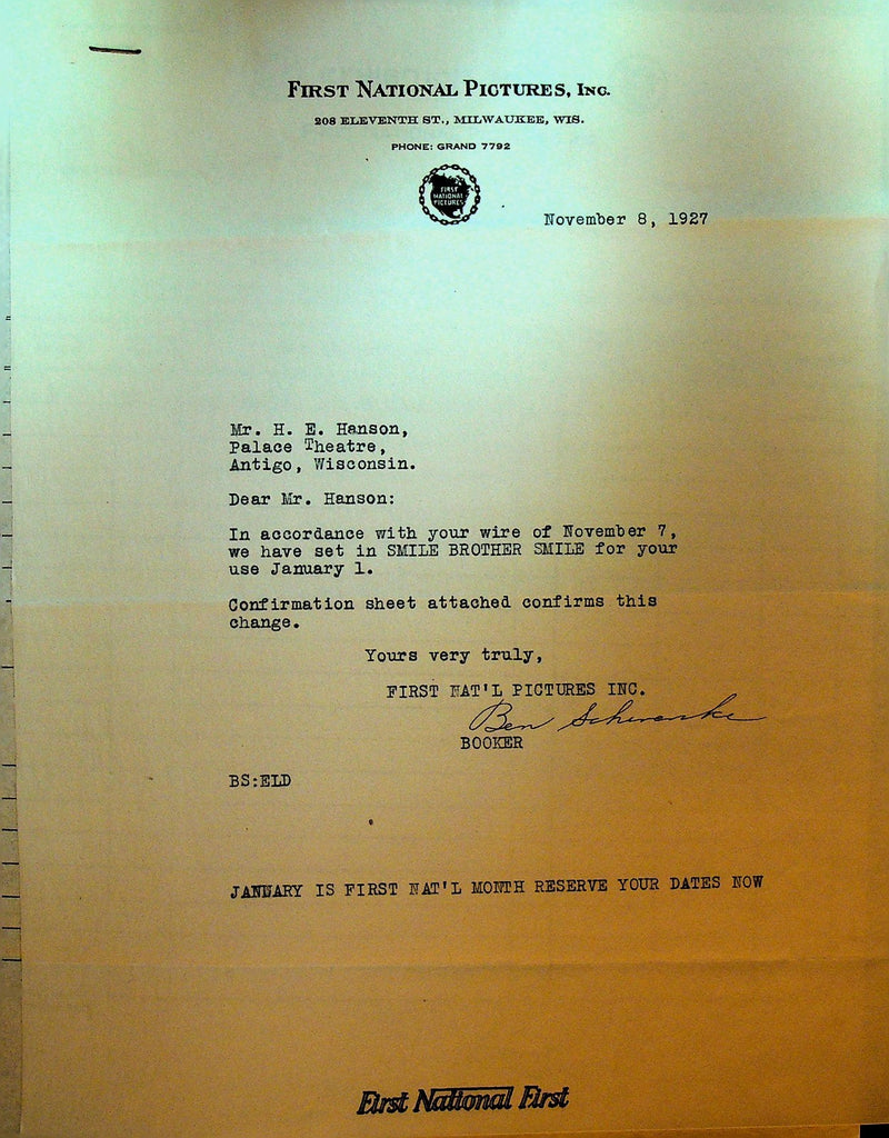 First National Pictures Letterhead November 8 1927 Smile Brother Smile0