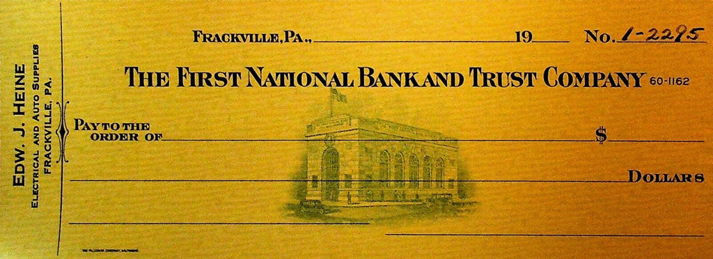 First National Bank & Trust Company Unused Check 1920s Frackville Pa Heine