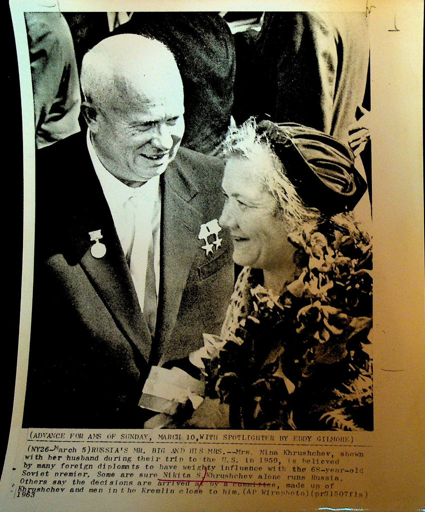 Nikita Khrushchev Wire Photo 1963 With Wife Nina in America0
