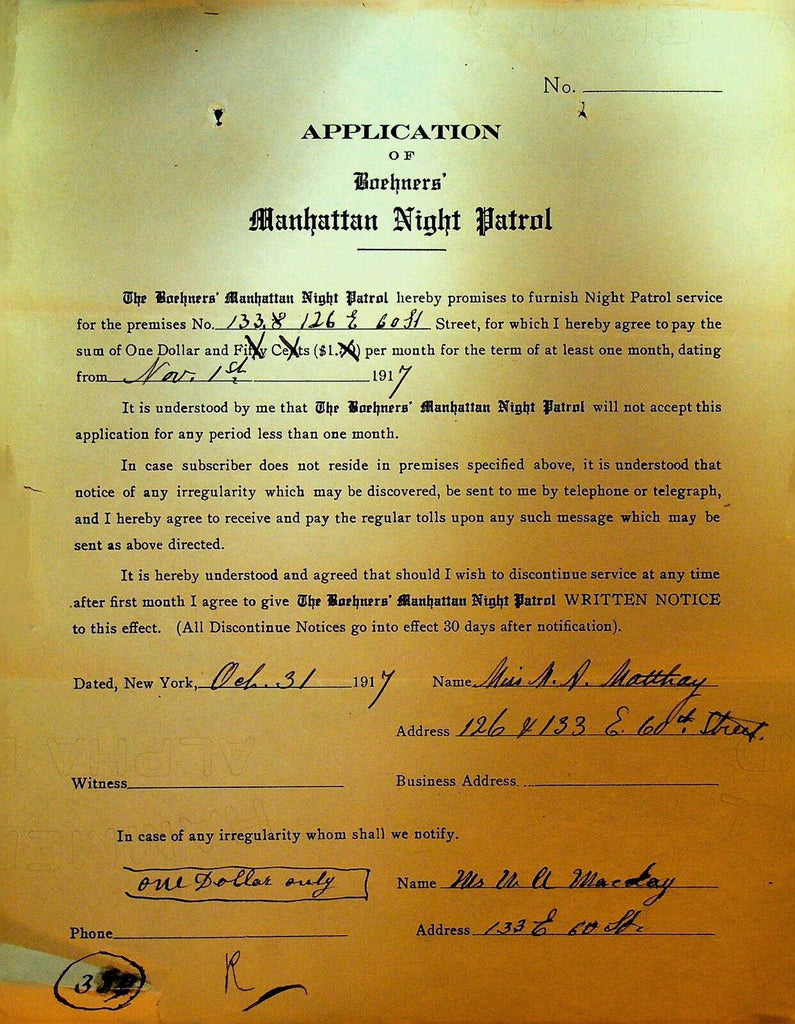 Boehners Manhattan Night Patrol Signed Contract 1917 Miss MA Mathay E 60th St