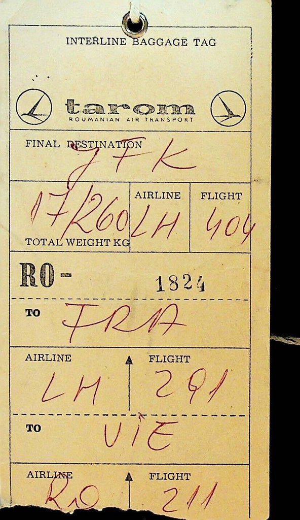Tarom Romanian Air Transport Interline Baggage Tab Vintage