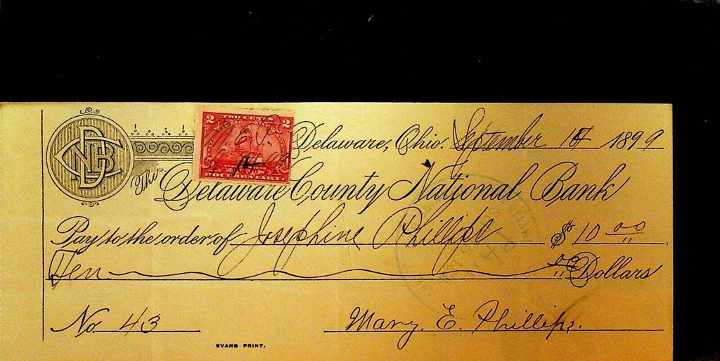 Delaware County National Bank Ohio 1899 Check