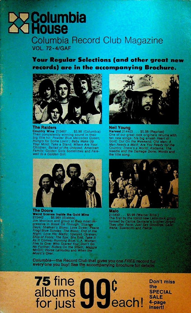 Columbia House Record Club Magazine 1972 72-4 GAF The Doors Neil Young Malo0