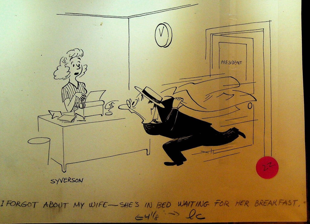 Henry S Syverson Original Art Boss Forgets Wife's Breakfast Rushing
