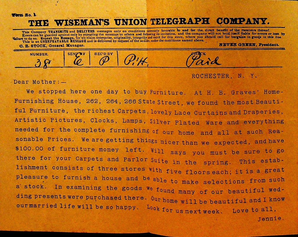 HB Graves Home Furnishings Rochester NY Wiseman's Telegraph Co Advertising0