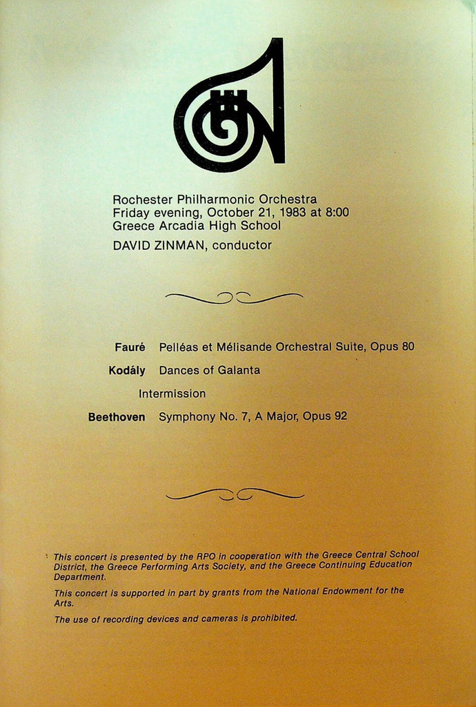 Rochester Philharmonic Orchestra Program October 21 1983 Kodaly Beethoven Faure0