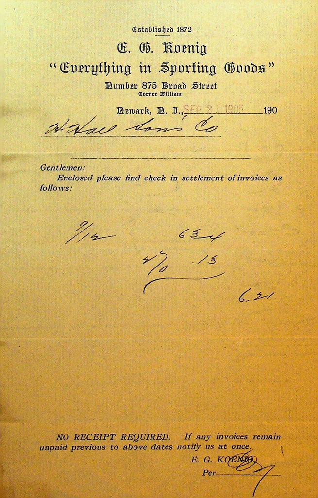 EG Koenig Sporting Goods Billhead Letterhead 1905 Newark NJ