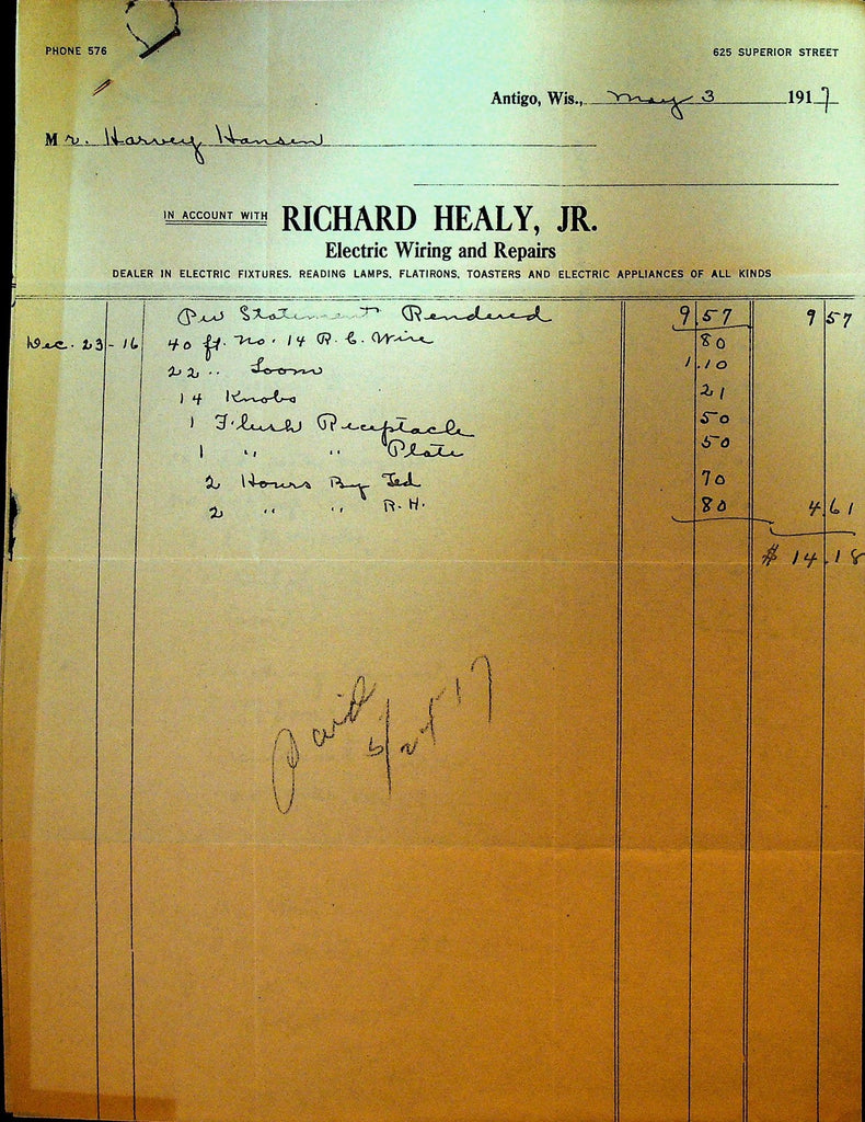 Richard Healy Jr Electric Wiring & Repairs Invoice Antigo Wi 19170