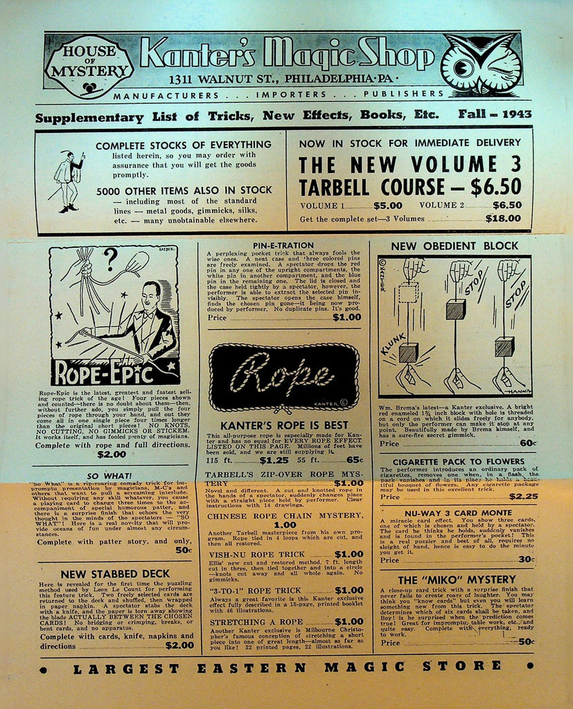 Kanter's Magic Shop Fall 1943 Supplementary List Tricks Books Effects0