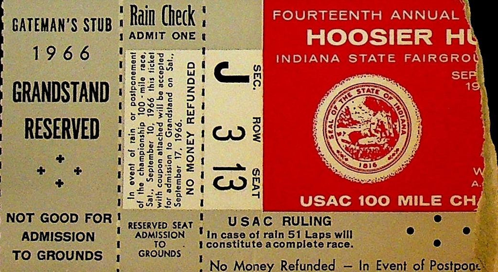 Hoosier Hundred Auto Race USAC Ticket Stub Grandstand Reserved 19660