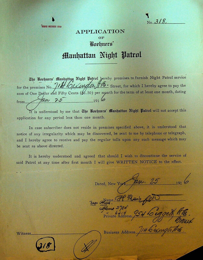 Boehners Manhattan Night Patrol Signed Contract 1916 714 Lexington Ave