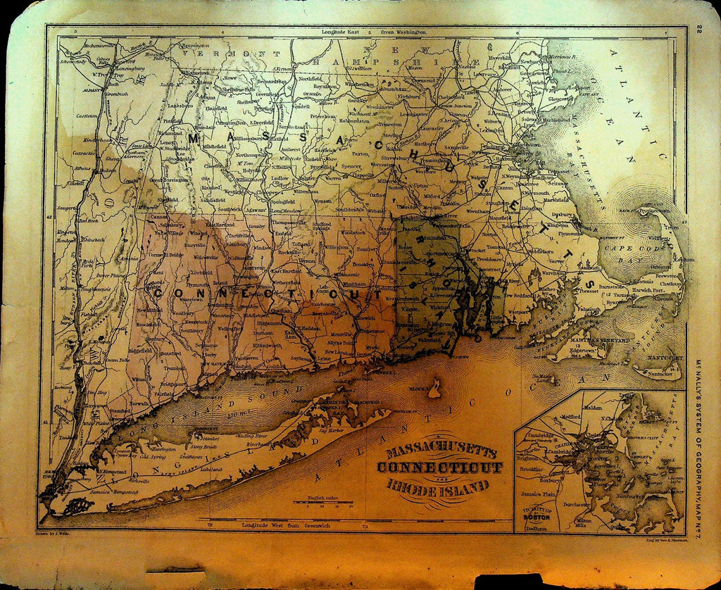 McNally's System of Geography 1800s Map 7 Massachusetts Connecticut Rhode Island0