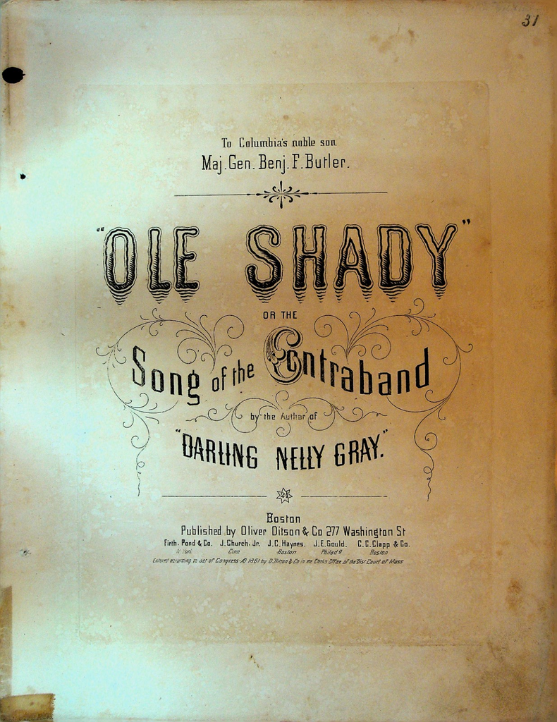 Ole Shady or the Song of the Contraband Sheet Music 1861 Anti Slavery Song0