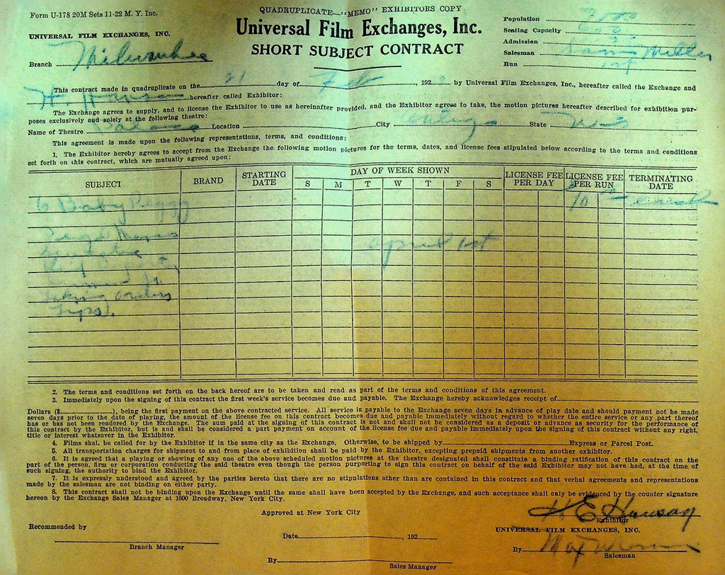 Universal Film Exchanges Contract February 21 1923 Baby Peggy0