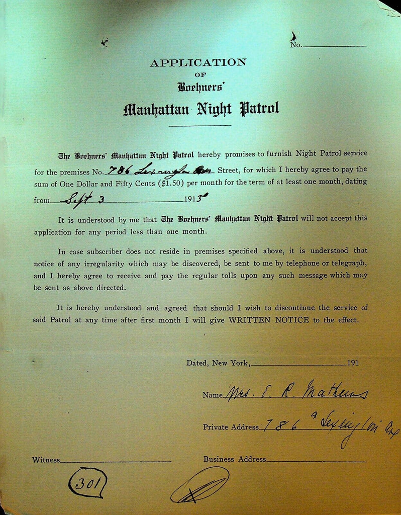 Boehners Manhattan Night Patrol Signed Contract 1915 Mrs ER Mathews Lexington
