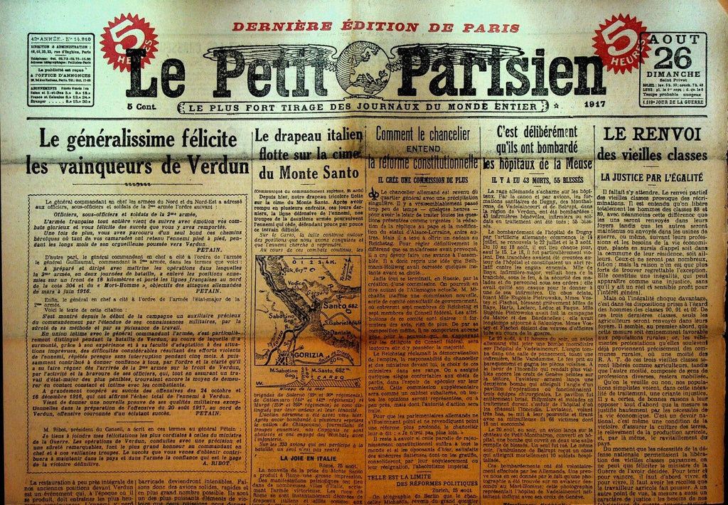 Le Petit Parisien WWI Newspaper France August 26 1917 Verdun Monte Santo