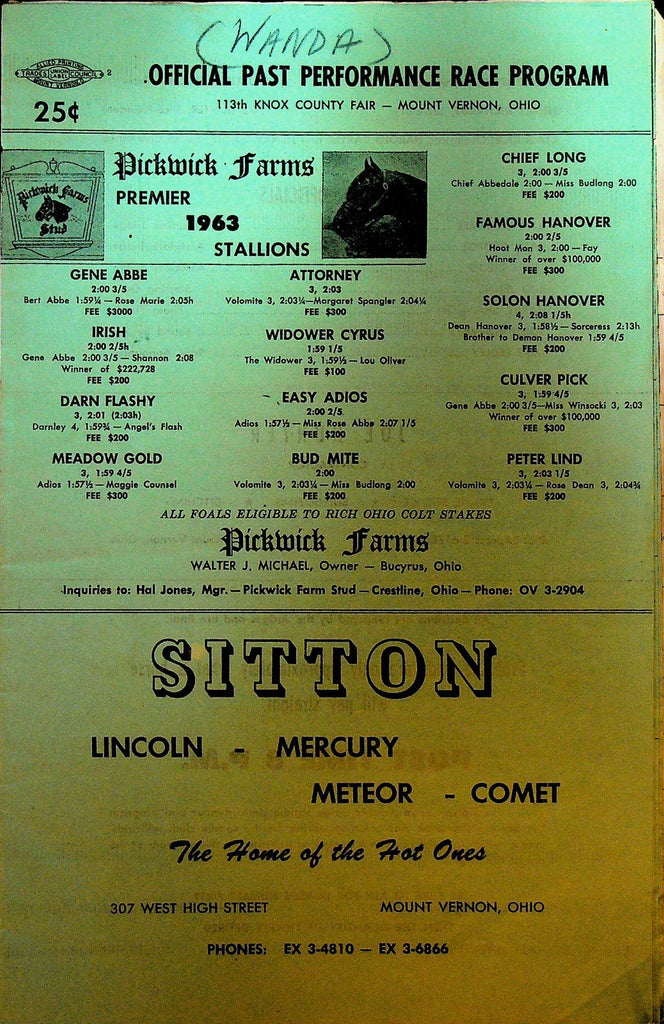 Knox County Fair Harness Racing Program 1963 Mount Vernon Ohio0